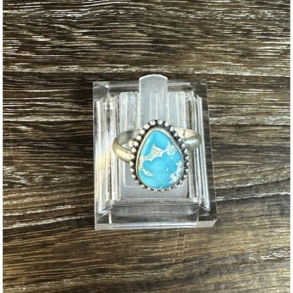 Native Southwest Style Sterling Silver Blue Bird Turquoise Teardrop Ring 6.25Adj